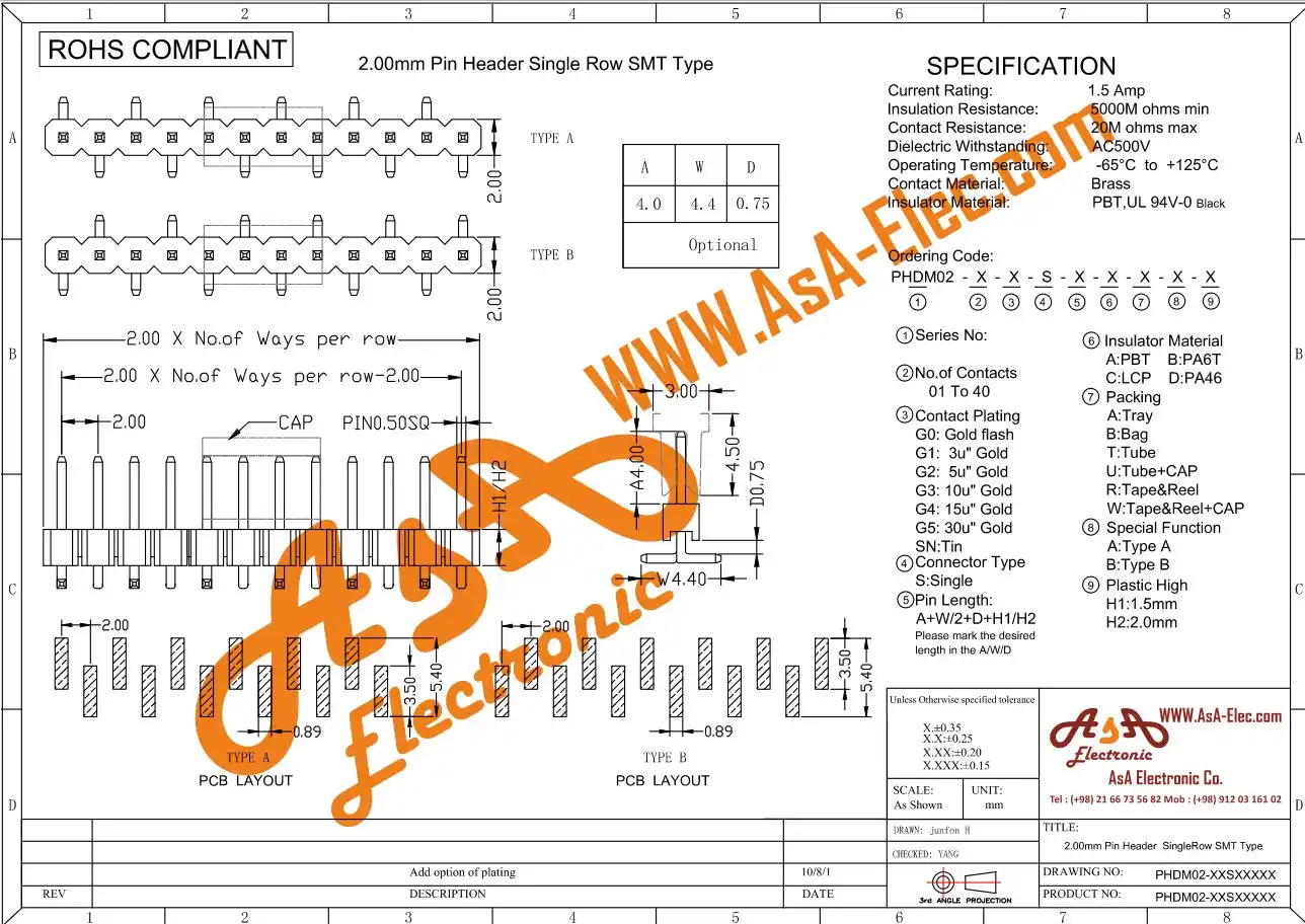 پین هدر 40*1 نری اتصال سطحی 2.00 میلیمتر SMD